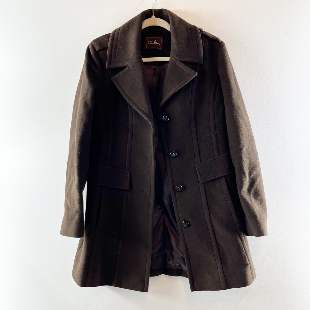 Cole Haan Long Sleeve Notch Lapel Button-Front Overcoat Dark Brown Small